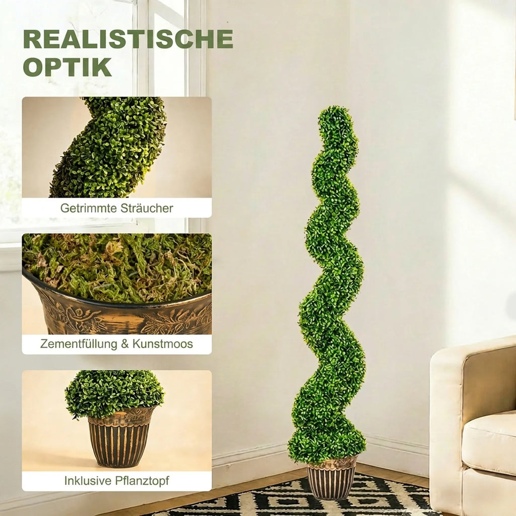 Dirbtiniai buksmedžiai, spiralės formos, 2 vnt., su vazonais, 150 cm, žali