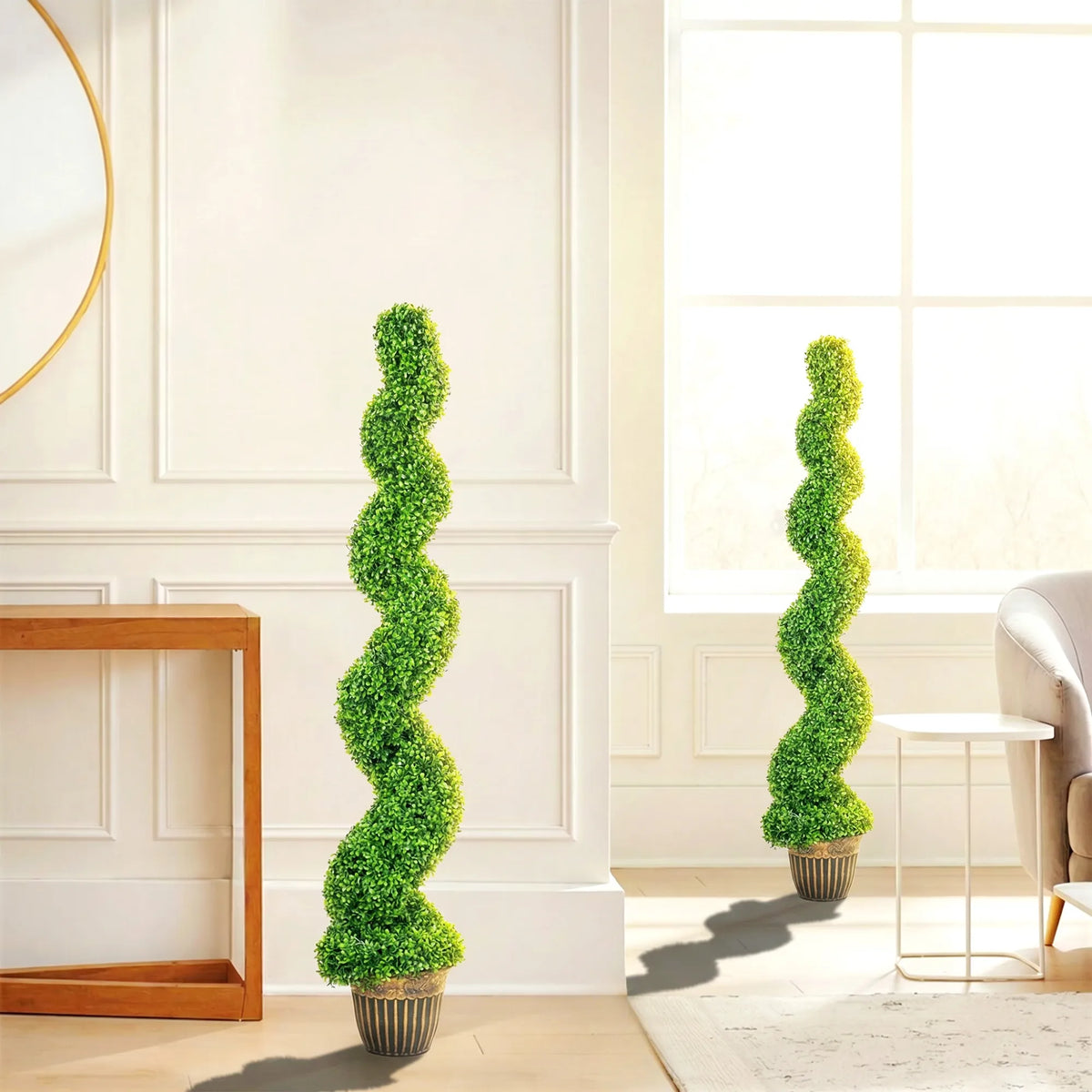 Dirbtiniai buksmedžiai, spiralės formos, 2 vnt., su vazonais, 150 cm, žali