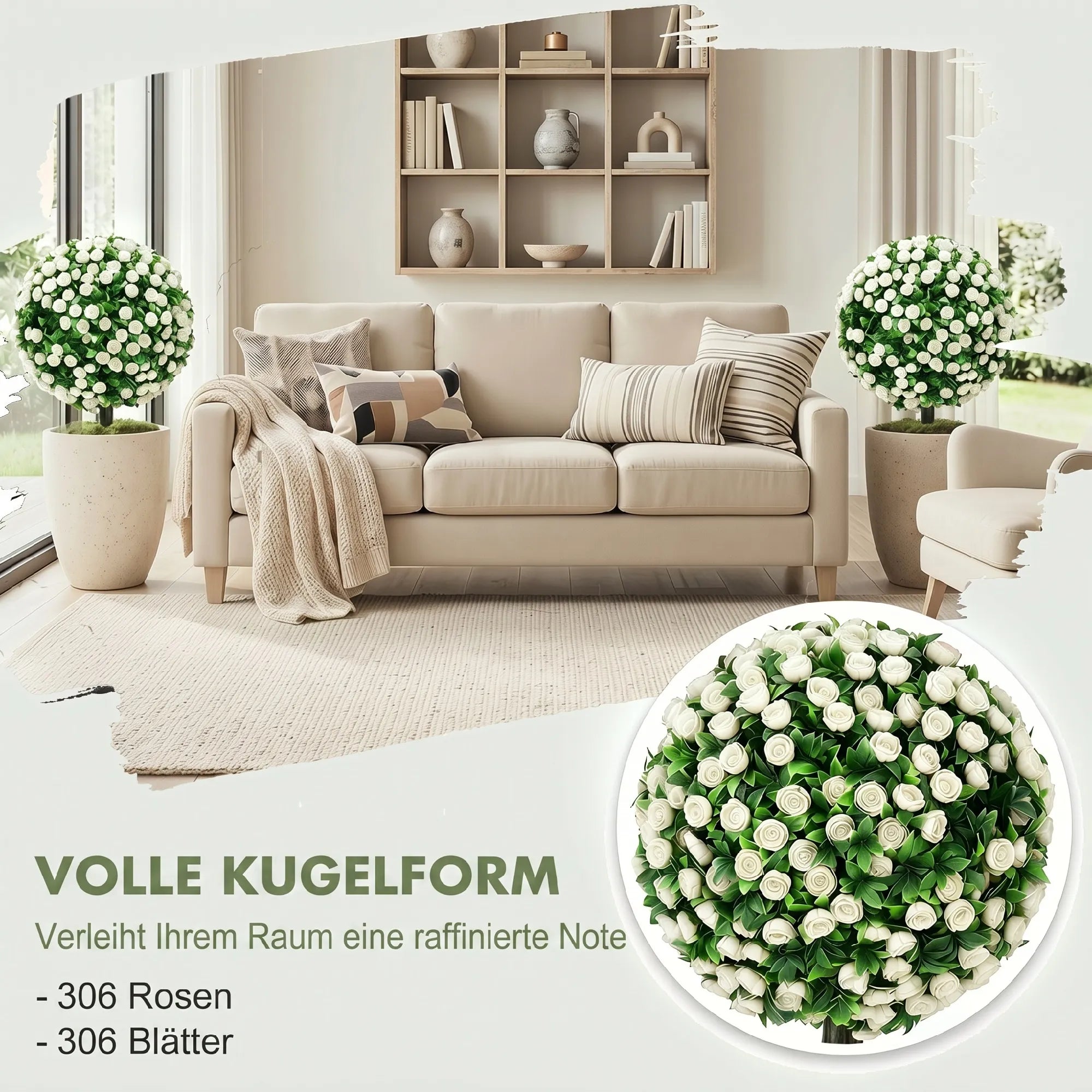 Dirbtinių rožių rutuliai, UV atsparūs, 55 cm, 2 vnt., balti