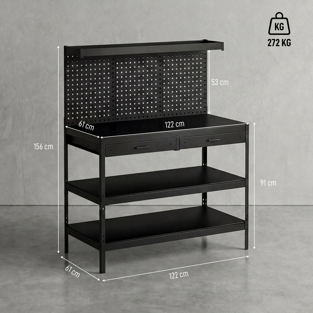 Dirbtuvių darbastalis su perforuota sienele ir 2 stalčiais, 122 x 61 x 156 cm, juodas