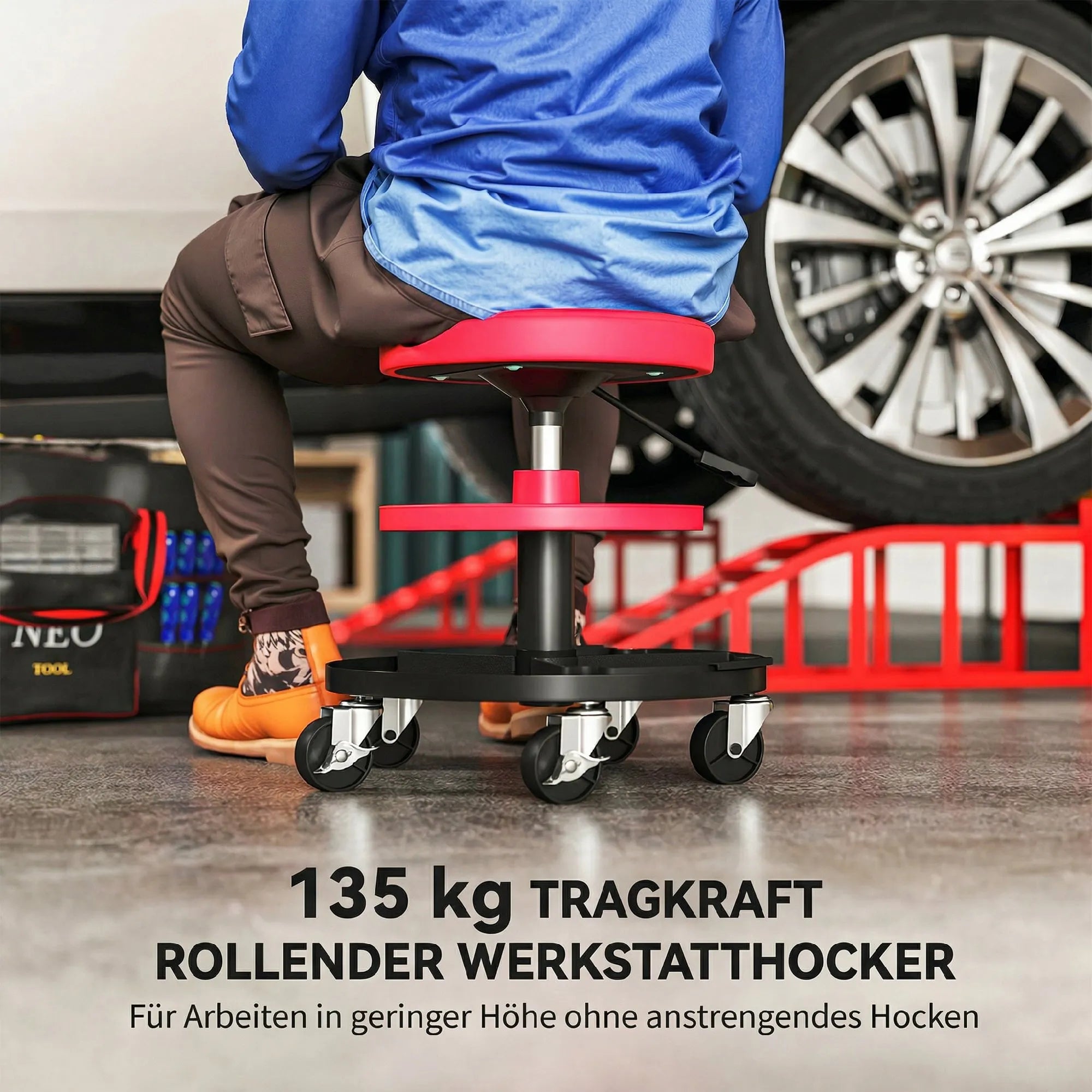 Dirbtuvių taburetė su ratukais, reguliuojamo aukščio, iki 135 kg, raudona