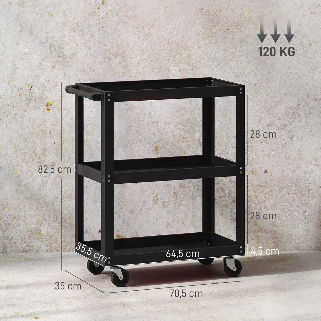 Dirbtuvių vežimėlis su 3 lentynomis, 120 kg, 70,5 × 35 × 82,5 cm, juodas