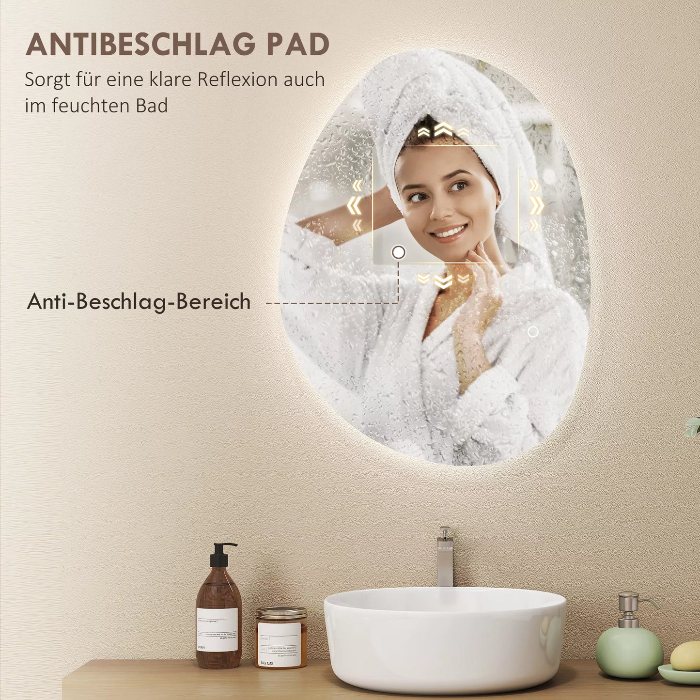 70 x 50 cm asimetrinis vonios veidrodis su LED apšvietimu, „Smart Touch“ jungikliu, apsauga nuo rasos susidarymo, sidabrinis