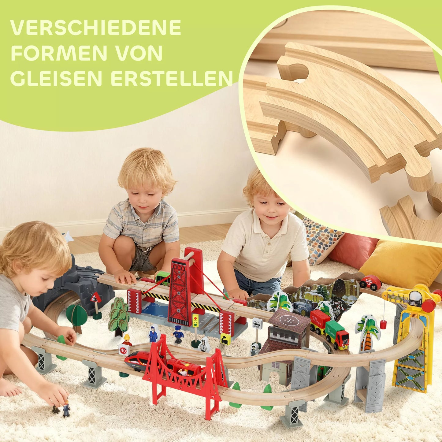 Medinių traukinių rinkinys, 100 dalių, su magnetiniu kranu, buko mediena, spalvotas