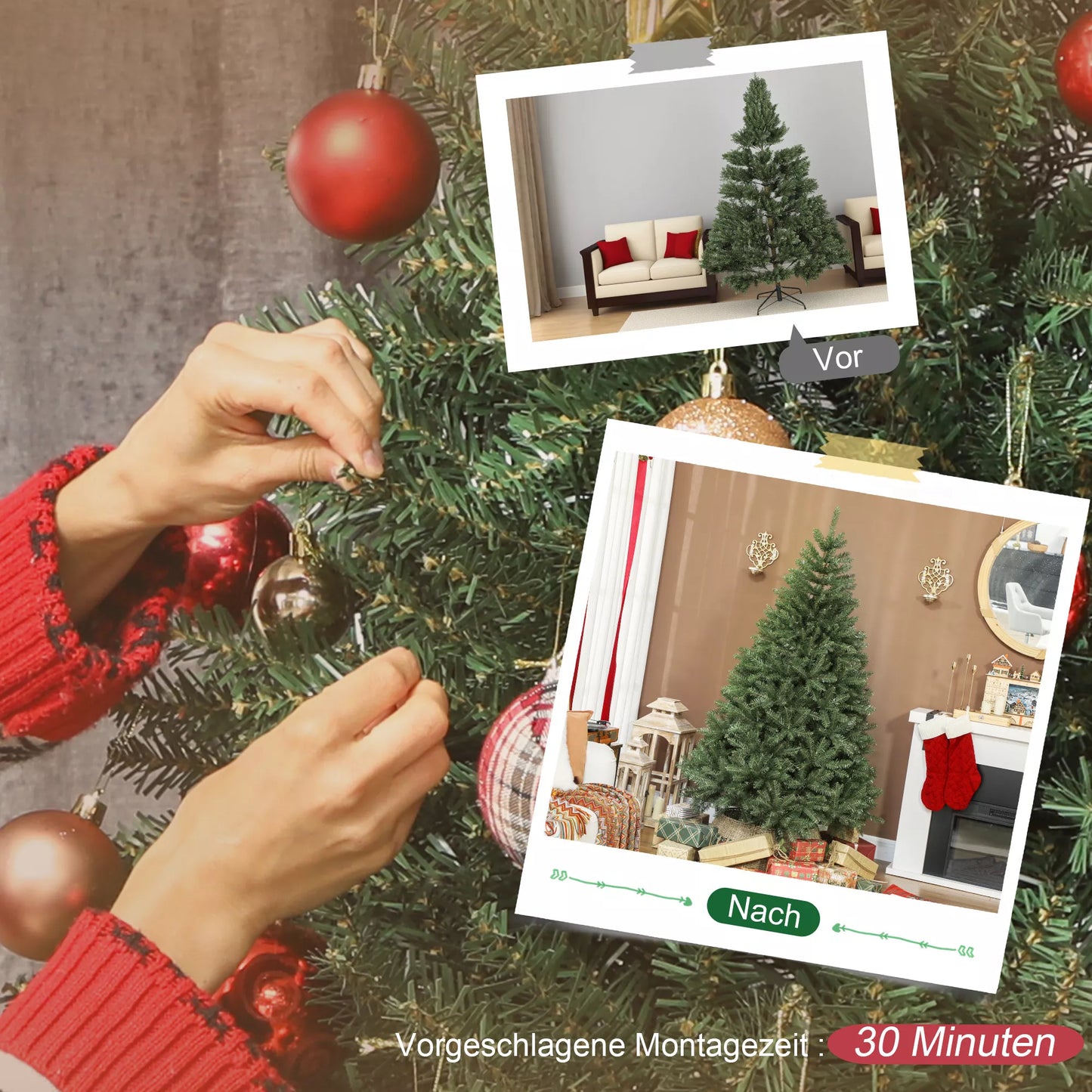 Dirbtinė Kalėdų eglutė, 180 cm, sulankstomos šakos, metalinis stovas, universali, žalia.