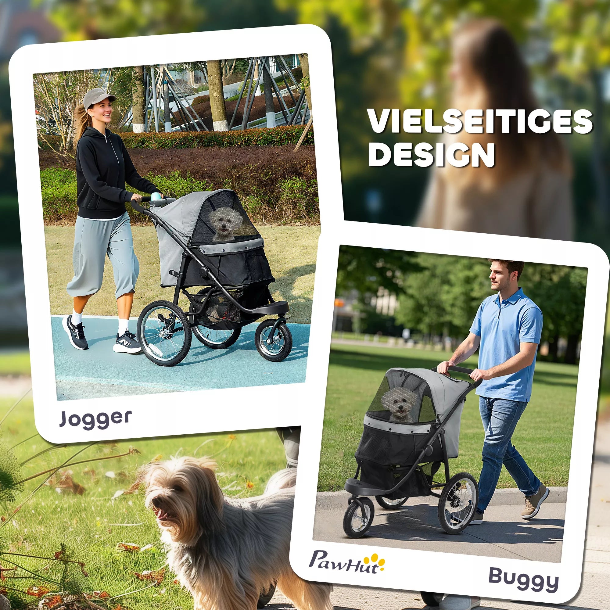 Vežimėlio informacinė grafika apie naudojimą bėgiojant ir vaikštant