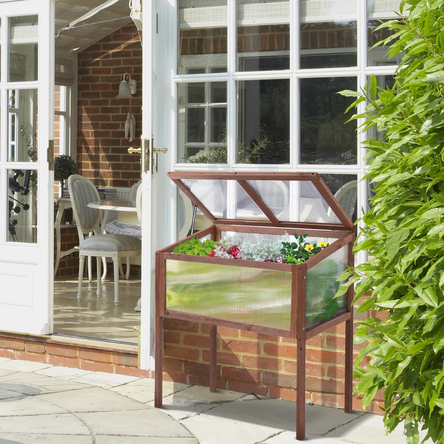 Medinis pakeltas lysvas/šiltnamis, 90 x 50 x 93 cm, auginimo stalas su dangčiu, atsparus oro sąlygoms, prieskoninių žolelių lysvė, sodinimo dėžė sodui, balkonui ir terasai, rudas