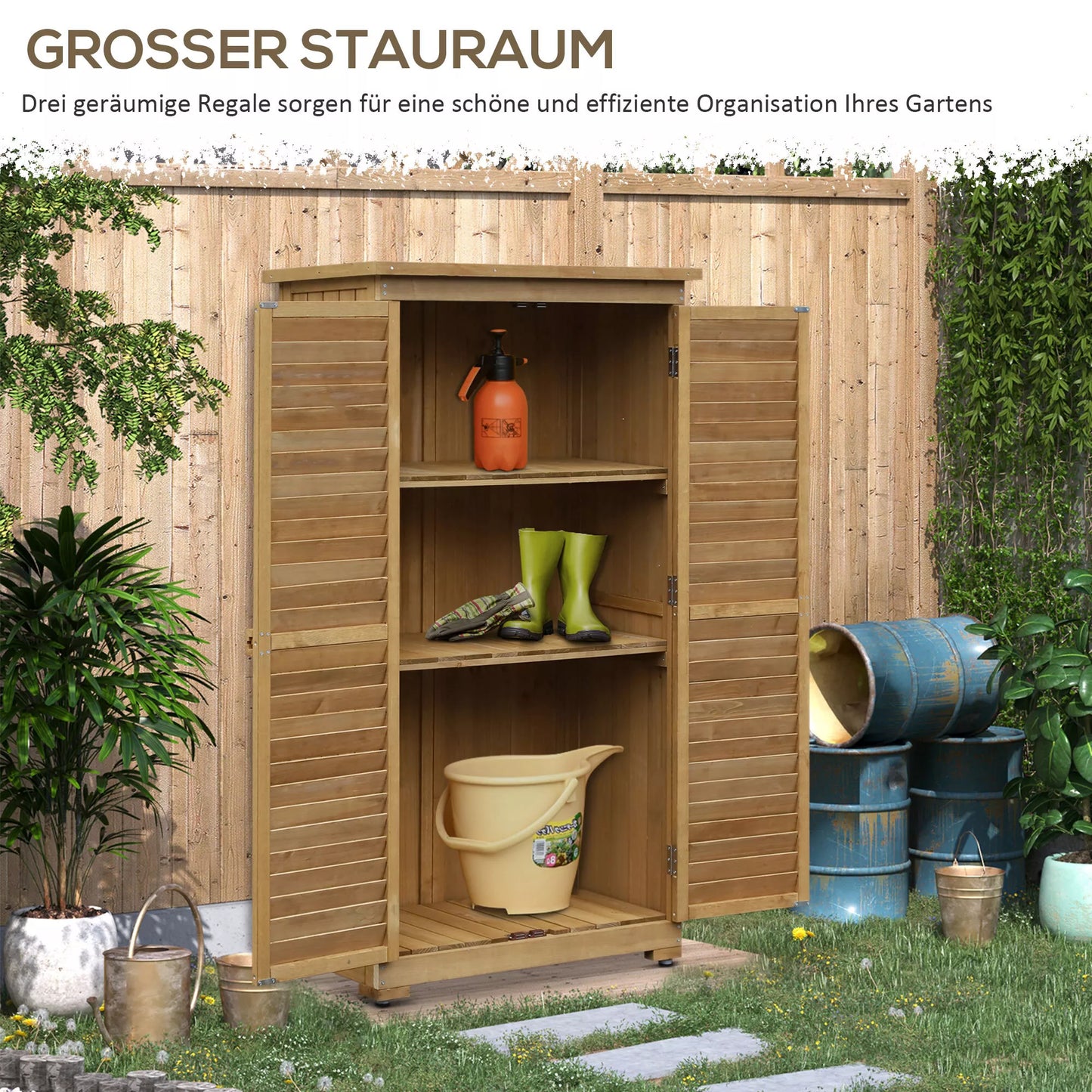 Outsunny Sandėliukas įrankiams su lamelinėmis durelėmis 3 lentynos atsparus oro sąlygoms 87 cm x 46,5 cm x 160 cm pušies mediena ruda