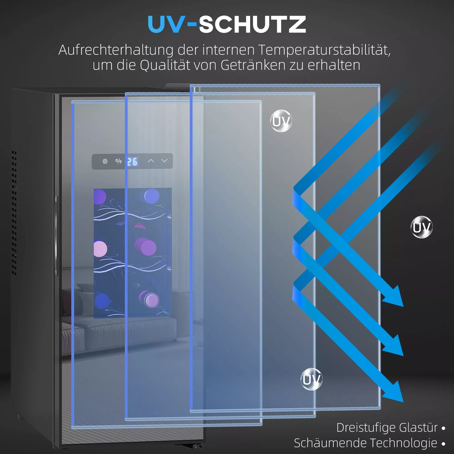 Vyno šaldytuvas 12 buteliams, su stiklinėmis durelėmis, Gėrimų šaldytuvas su LED apšvietimu, lietimui jautriu ekranu, Juodas