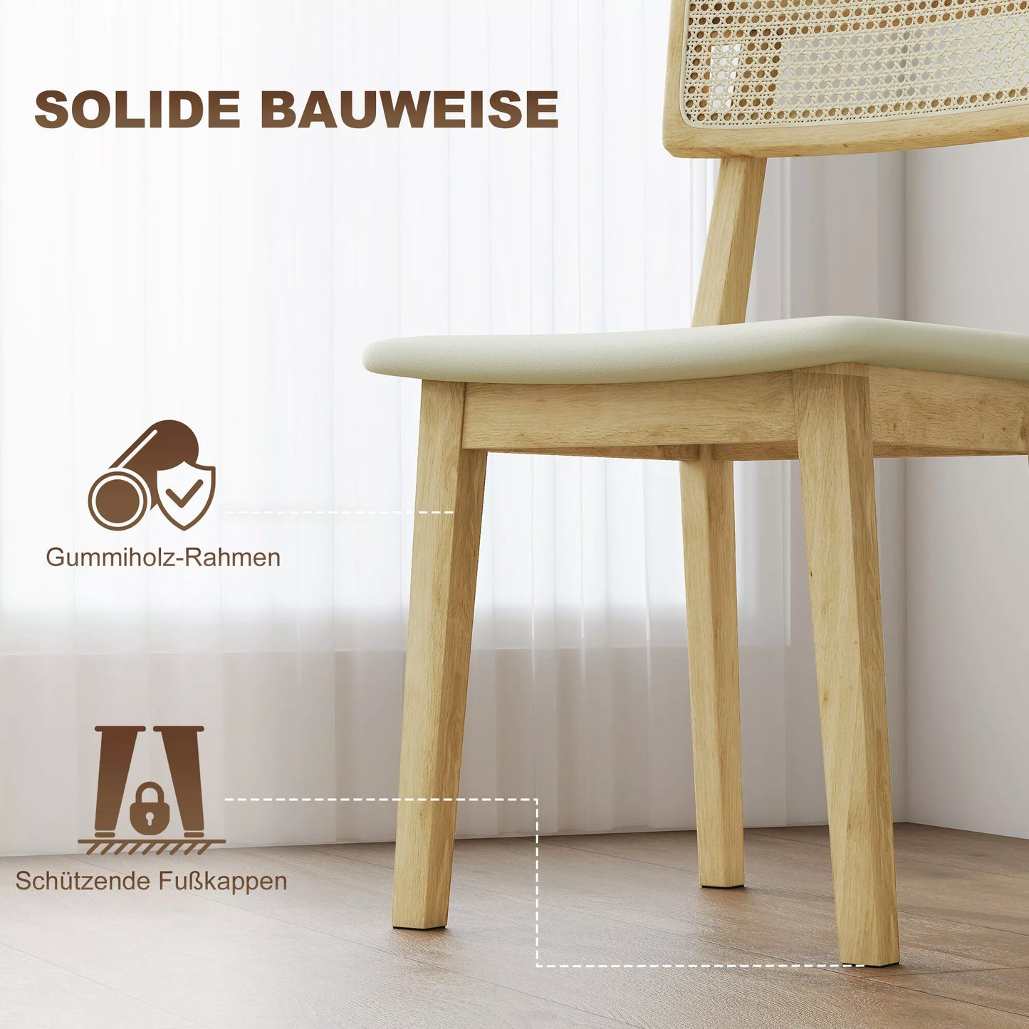 Valgomojo kėdė, rotango atlošas, dirbtinės odos sėdynė, guminmedžio mediena, natūralaus medžio