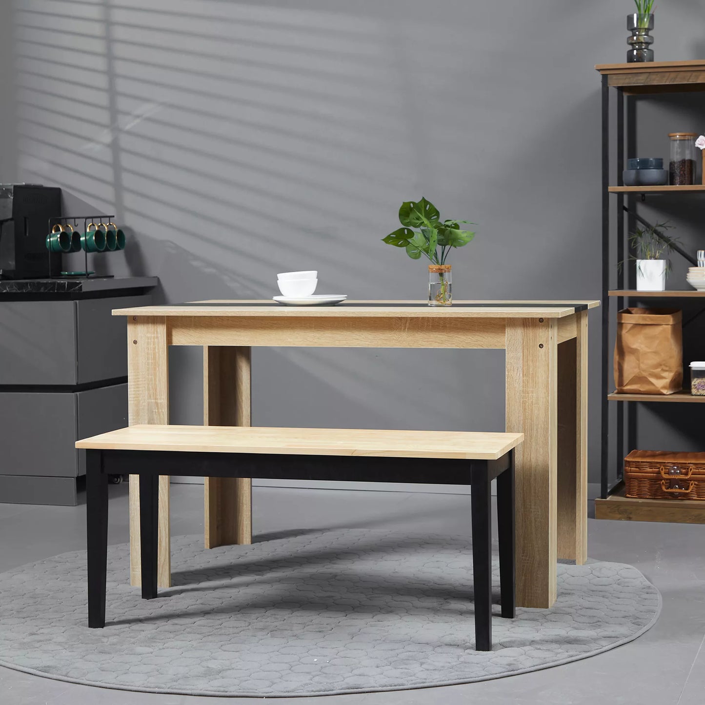 HOMCOM Moderni 2 žmonių medinė suolų, pagamintas iš masyvmedžio, lakuotas, Natūrali+Juoda