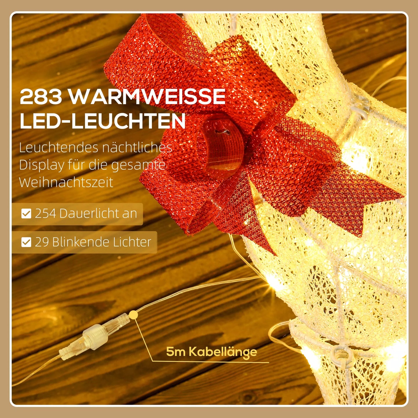 Kalėdinių elnių šeima su raudonais kaspinėliais, 283 LED lemputės, Kalėdinė puošmena, atsparus oro sąlygoms, sidabrinis