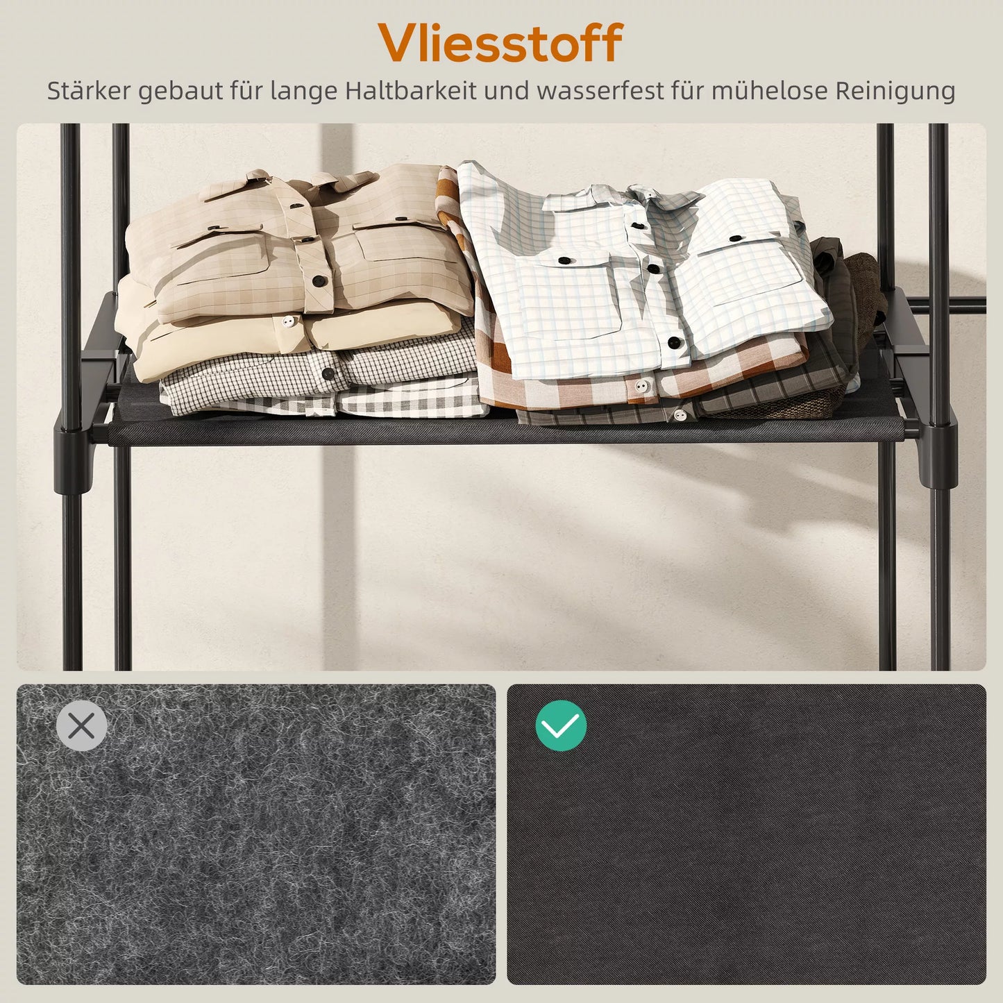 Nešiojama drabužių kabykla, metalinis rėmas, audinių lentynos, daug vietos, juoda