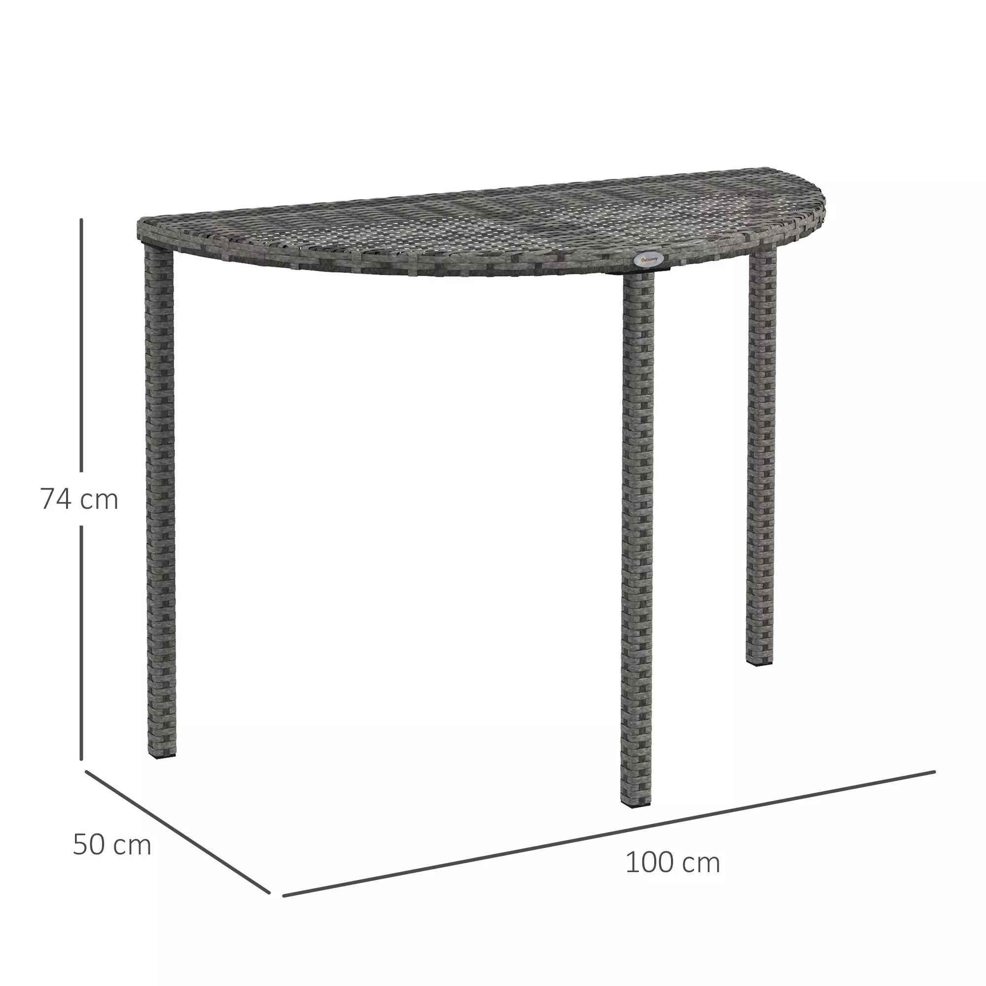 Balkono stalas, pusapvalus, poliratanas + metalas, 100x50x74 cm, pilkos spalvos