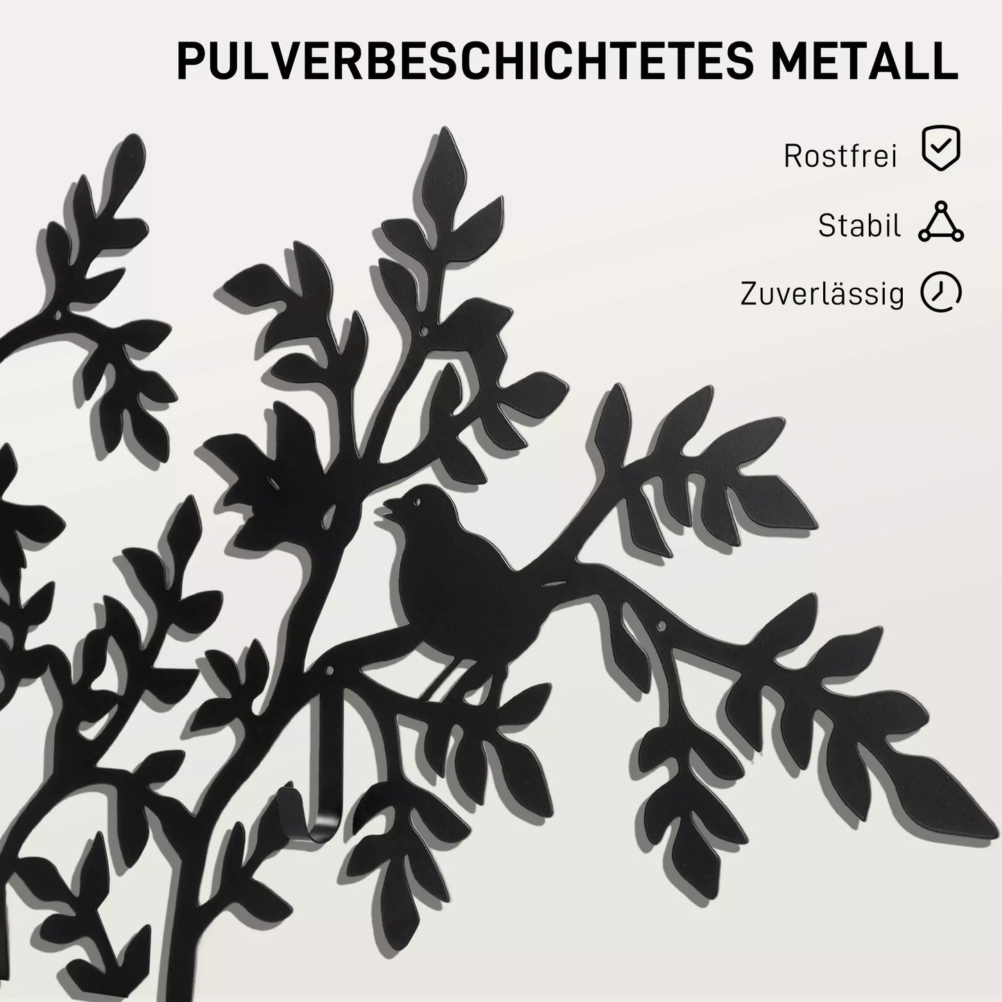 Sieninis drabužių kabyklas, prie sienos tvirtinamas kabliukas, medžio dizainas su paukščiais, juodas