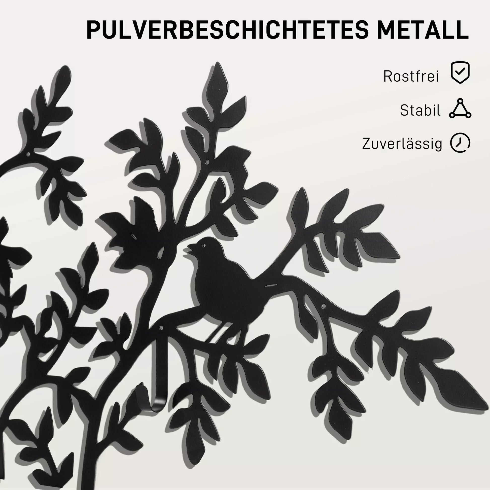 Sieninis drabužių kabyklas, prie sienos tvirtinamas kabliukas, medžio dizainas su paukščiais, juodas