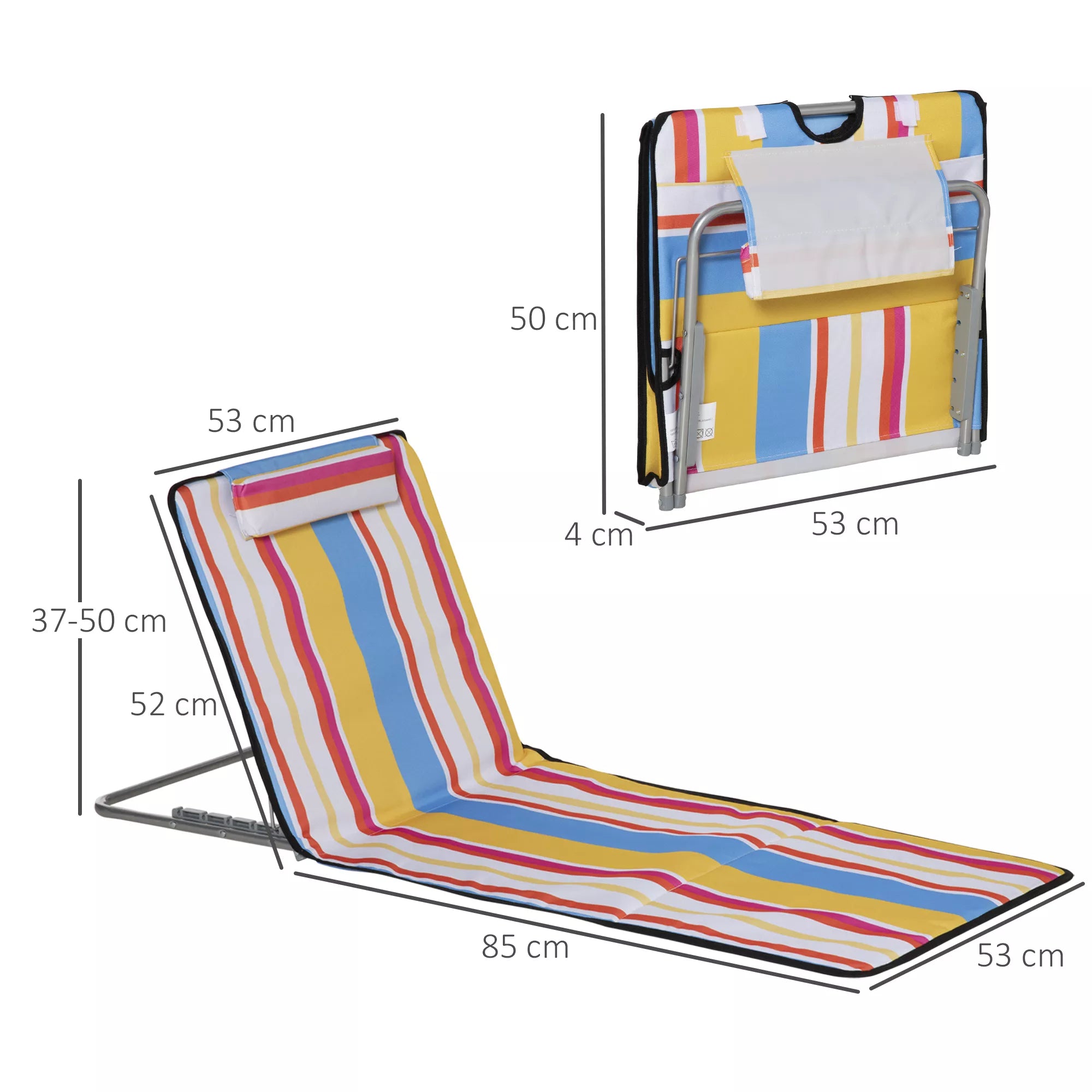 2 vnt. komplektas paplūdimio kilimėlių, reguliuojamų, sulankstomų, 124L x 53B x 37-50H cm, įvairių spalvų