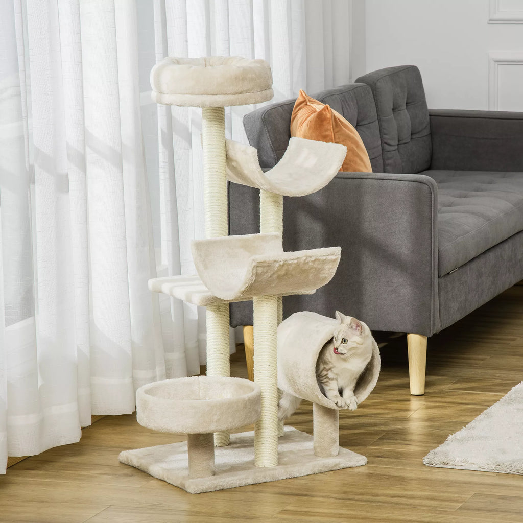 Katės draskyklė su tuneliu ir platformomis, 105 cm, smėlio spalvos