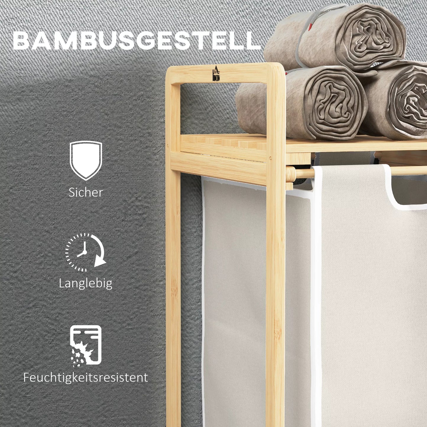 Skalbinių krepšys su 2 skalbinių maišais, 1 lentyna, bambukas, 63,5 cm x 33 cm x 73 cm, šviesiai pilka + natūrali