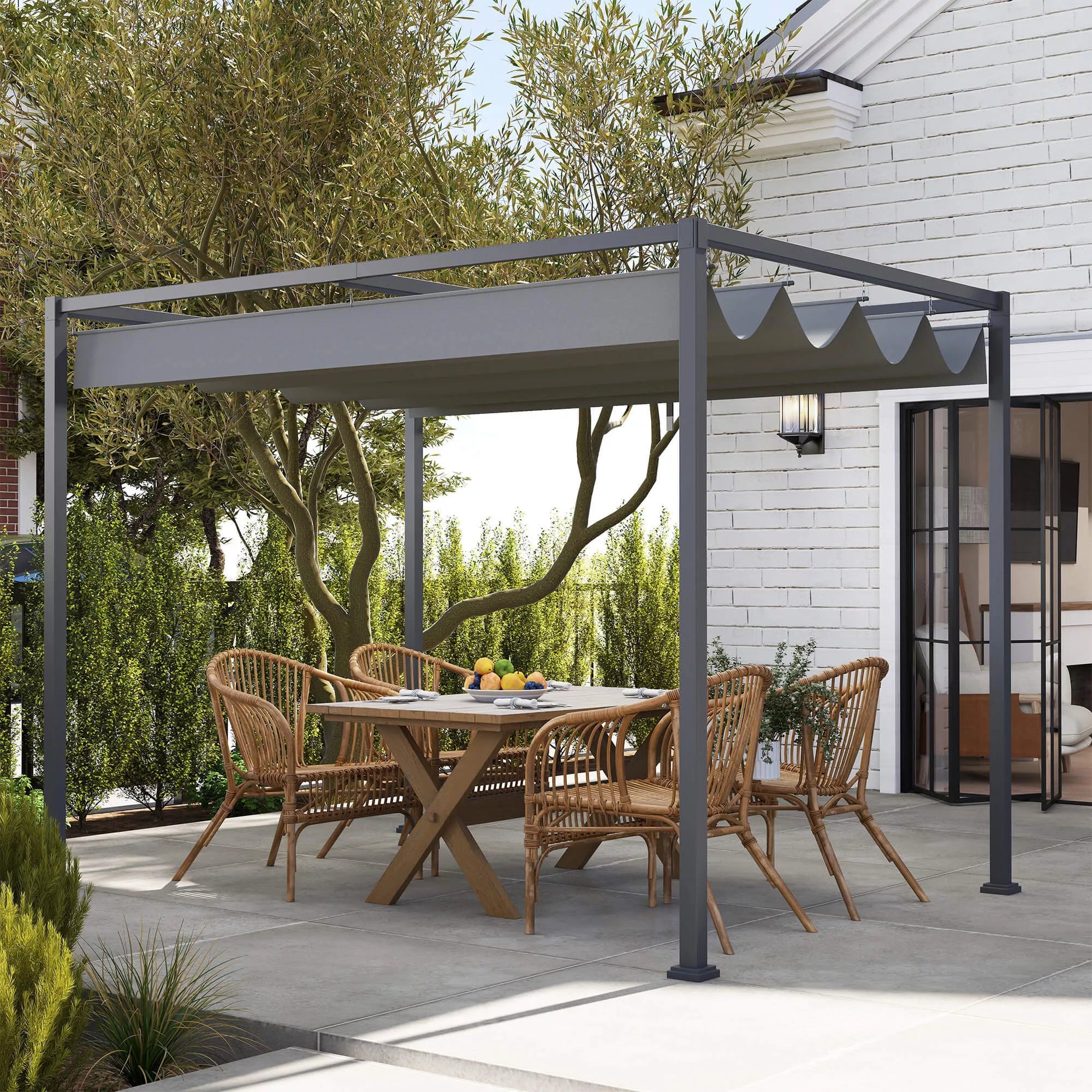 Pergola 3x2 m sodo pavėsinė, metalinis terasos stogas, sodo pavėsinė su reguliuojamu stogu, atskira, saulės apsauga terasai ir sodui, pilka
