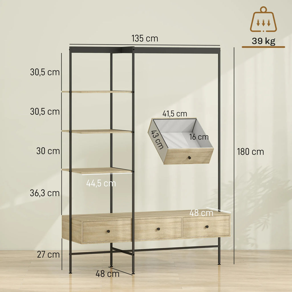 Drabužių kabykla su lentynomis, stalčiais ir skersiniu, 180 cm, ąžuolo spalvos