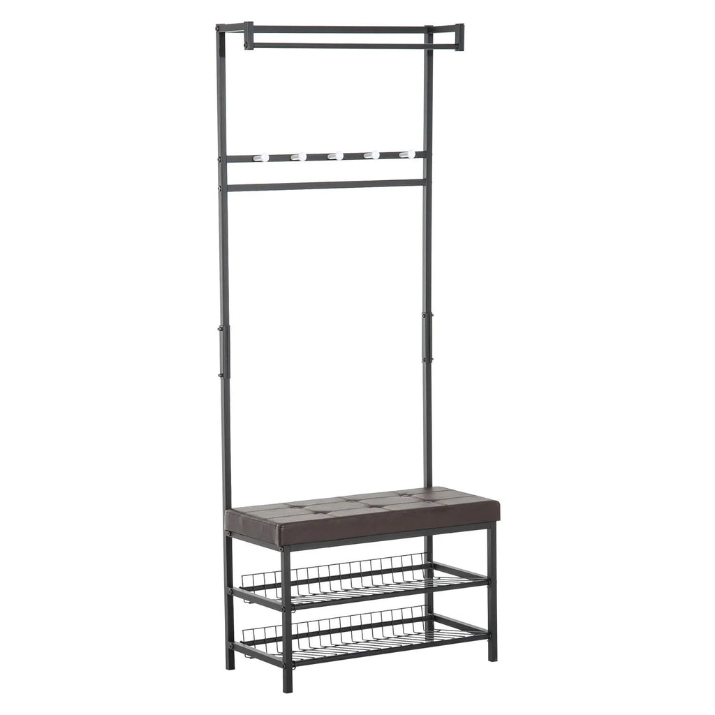 Drabužių kabykla su suoliuku batams ir 5 kabliukais, 72,5x35x180 cm, juoda/ruda