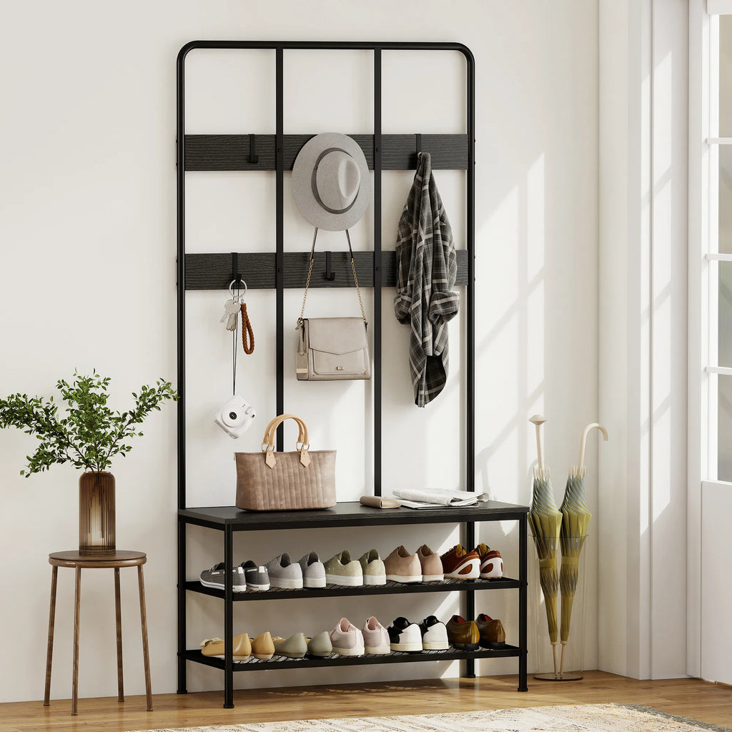 Drabužių kabykla su suoliuku ir batų lentyna, juoda, 91 cm