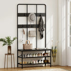 Drabužių kabykla su suoliuku ir batų lentyna, juoda, 91 cm