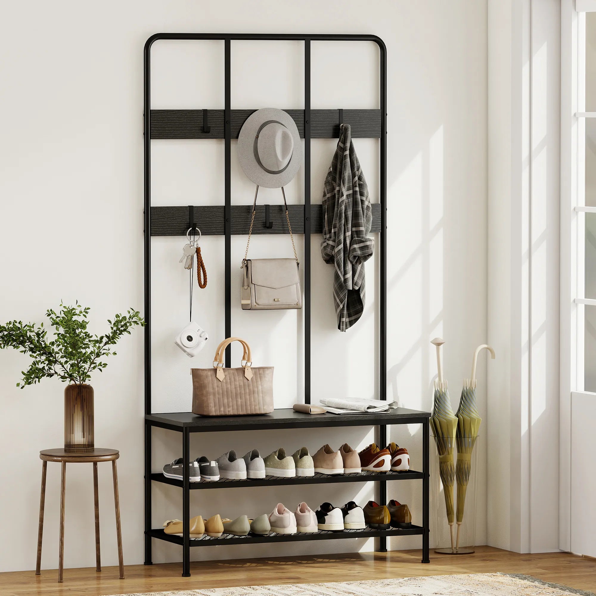Drabužių kabykla su suoliuku ir batų lentyna, juoda, 91 cm
