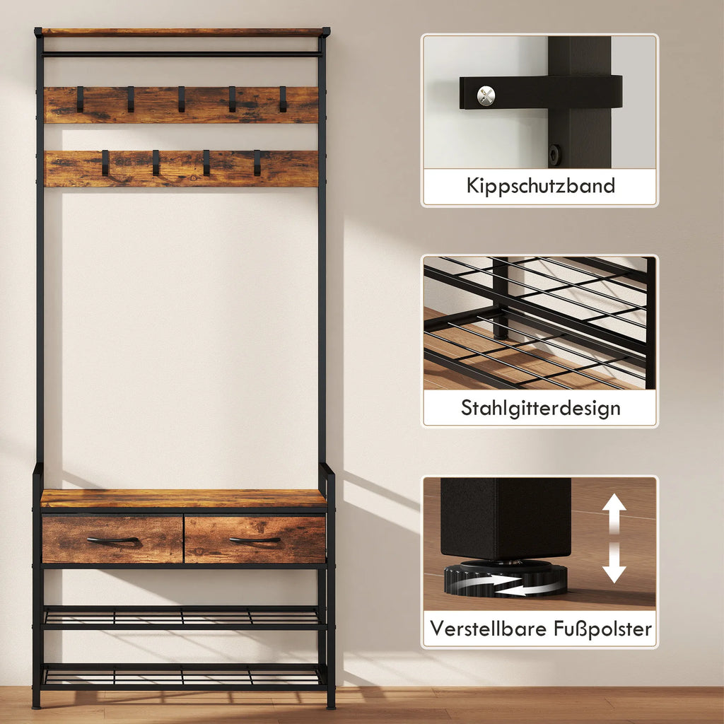 Drabužių kabykla su suoliuku pramoninio stiliaus 80x181.5 cm ruda