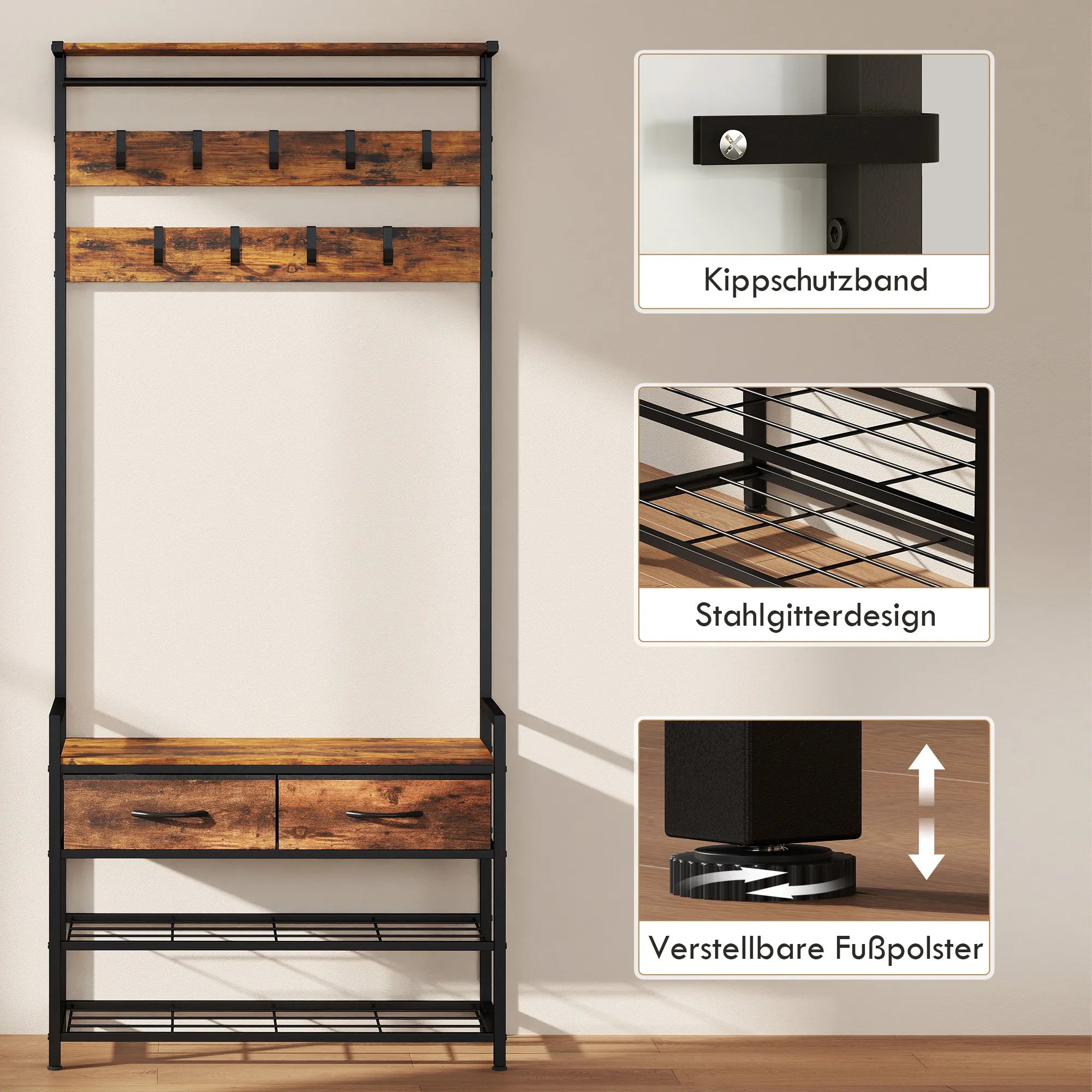 Drabužių kabykla su suoliuku pramoninio stiliaus 80x181.5 cm ruda