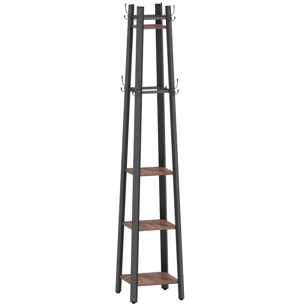 Drabužių kabyklos stovas, industrinio stiliaus, 4 lentynų, rudas, 179 cm