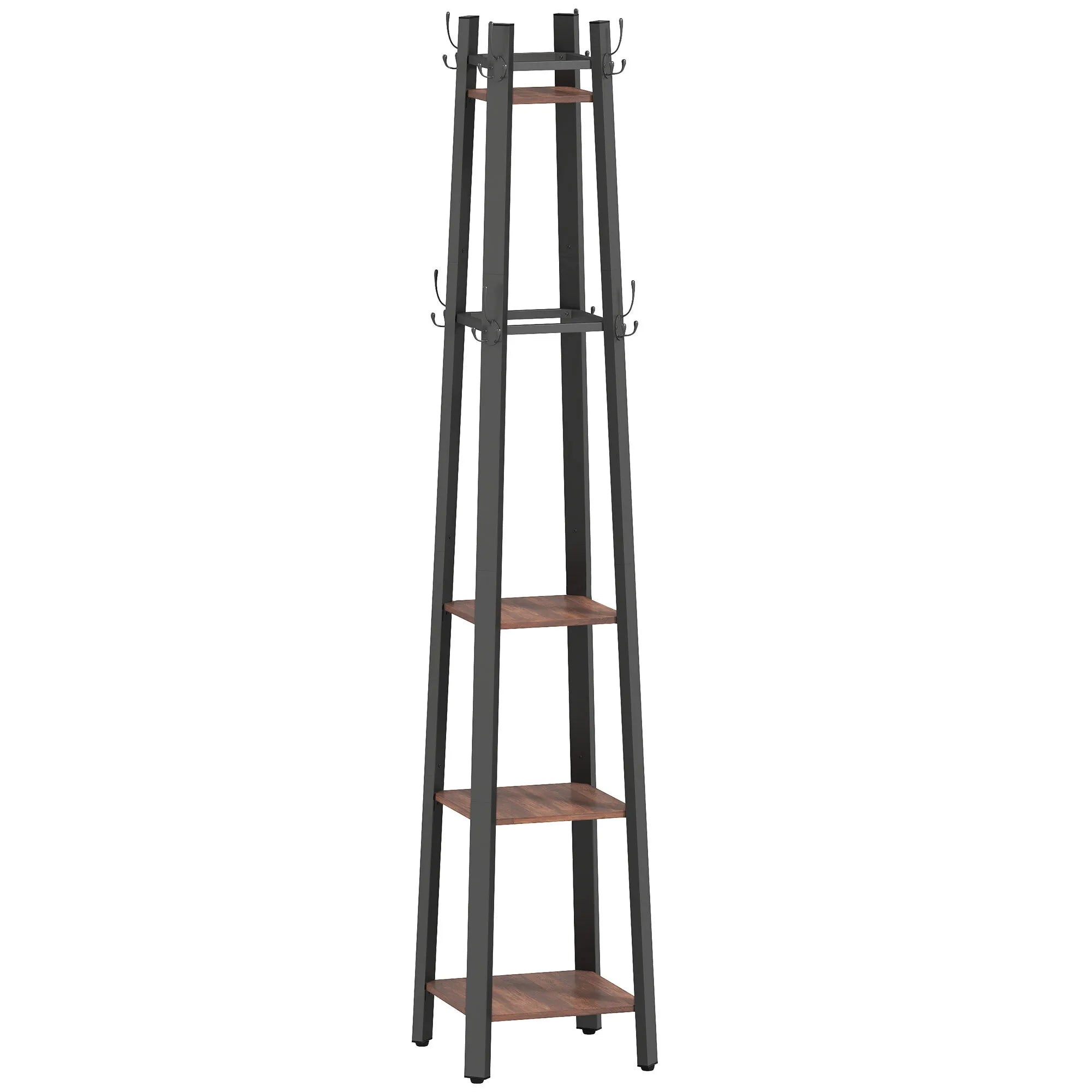 Drabužių kabyklos stovas, industrinio stiliaus, 4 lentynų, rudas, 179 cm