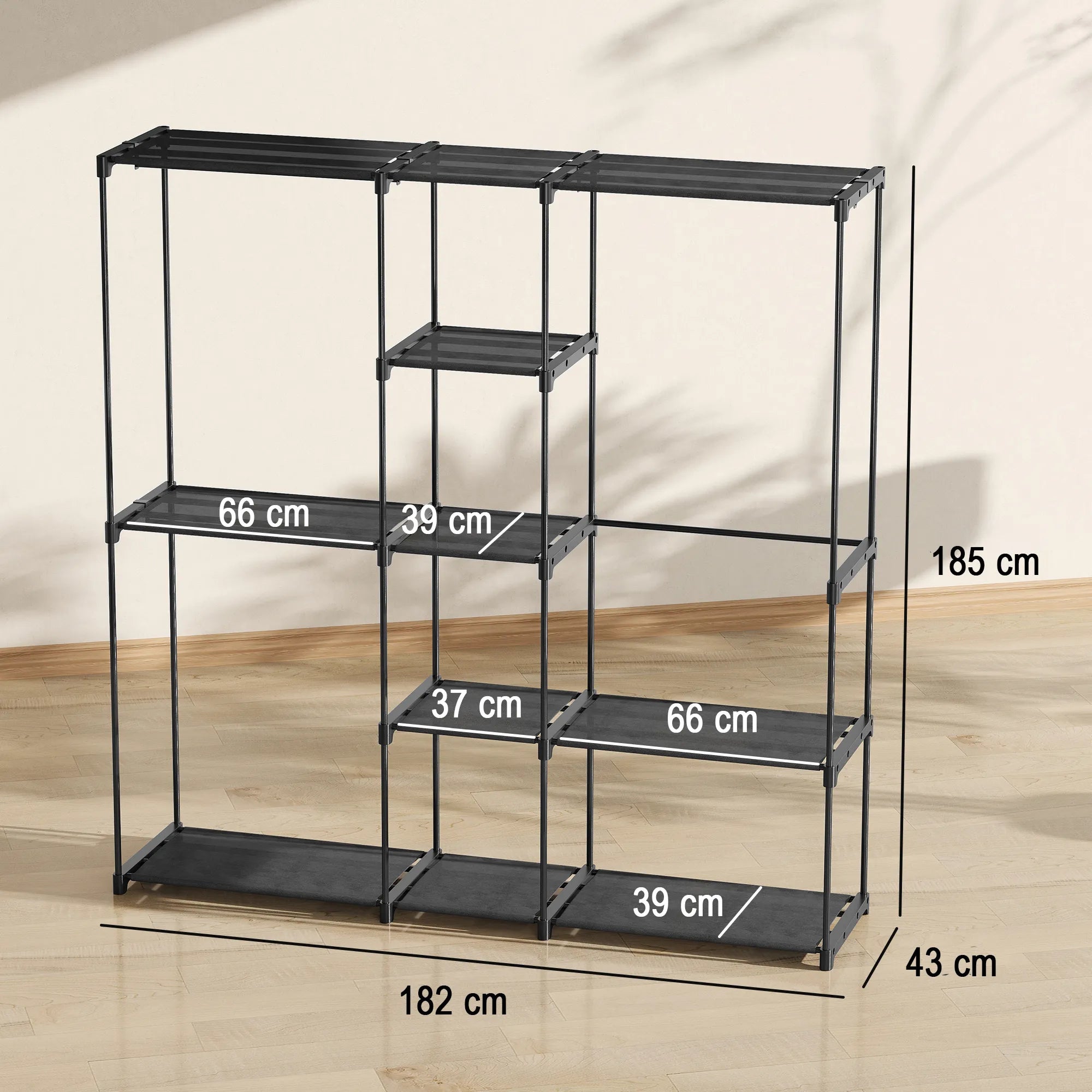 Spintos matmenų schema: aukštis 185 cm, plotis 182 cm, gylis 43 cm