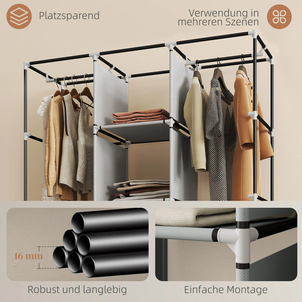 Drabužių spinta su 8 lentynomis ir 2 kabyklomis, šviesiai pilka