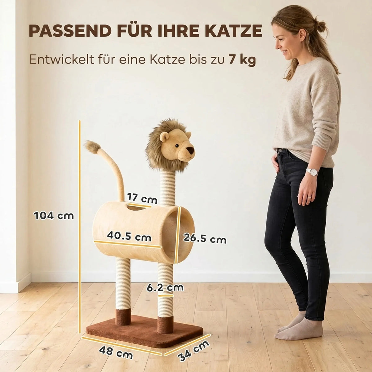 Draskyklė katėms, 104 cm, su tuneliu ir draskymo stulpais, iki 7 kg