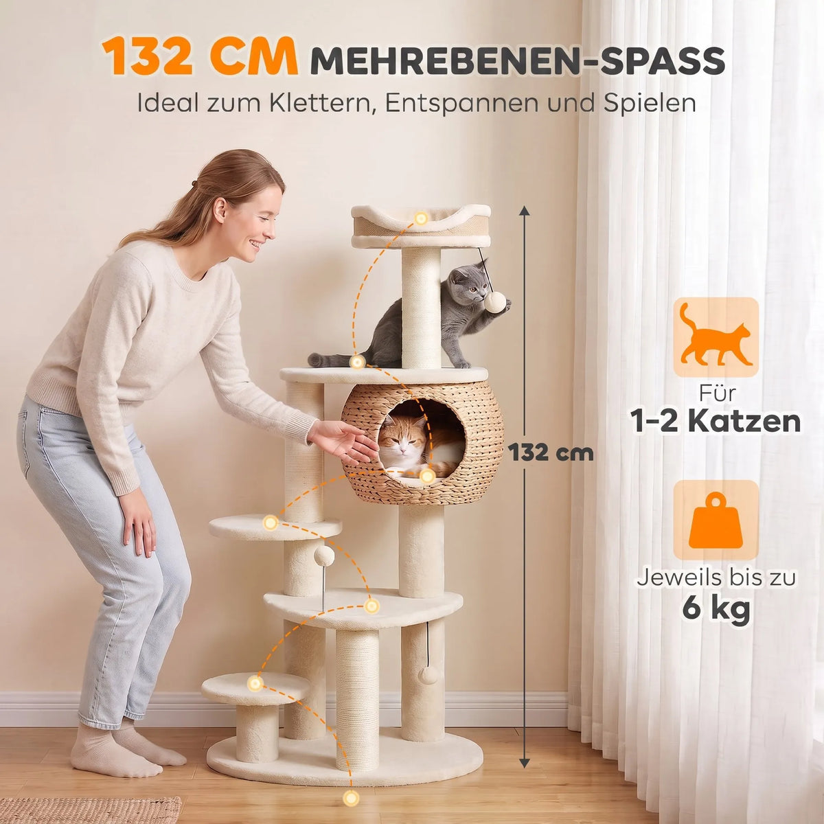 Draskyklė katėms, 132 cm, su slėptuve, guoliu ir 3 kamuoliukais, 1–2 katėms iki 6 kg