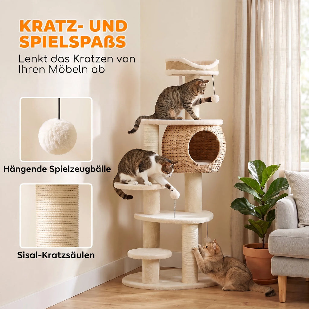 Draskyklė katėms, 132 cm, su slėptuve, guoliu ir 3 kamuoliukais, 1–2 katėms iki 6 kg