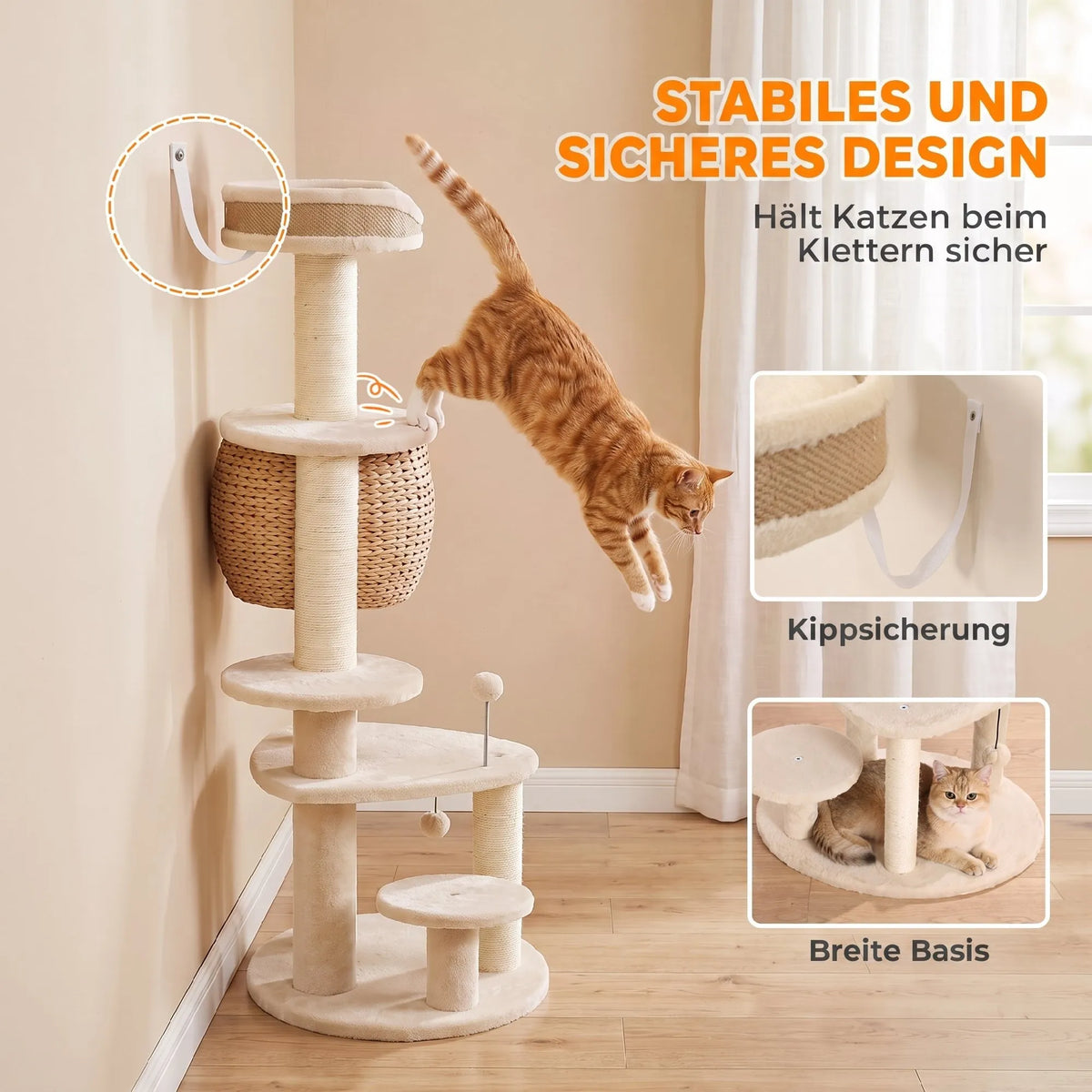 Draskyklė katėms, 132 cm, su slėptuve, guoliu ir 3 kamuoliukais, 1–2 katėms iki 6 kg