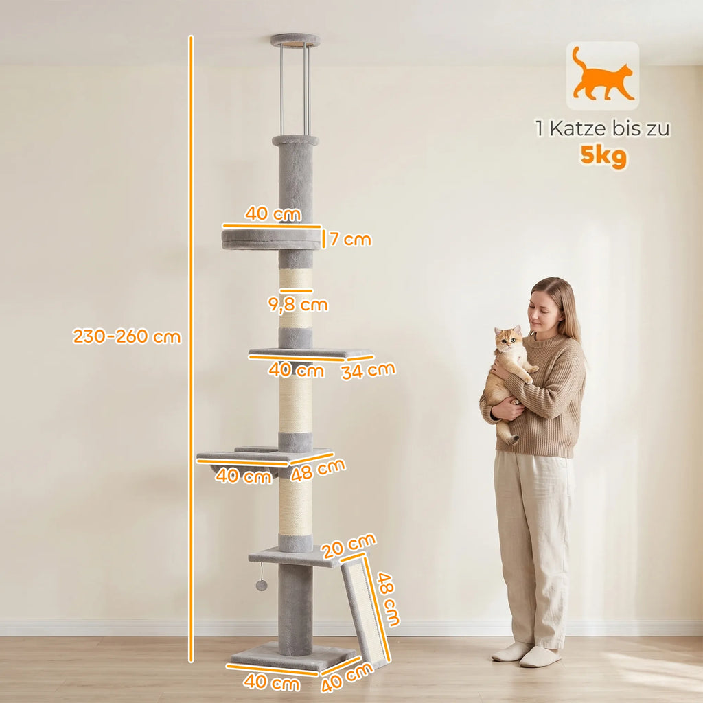 Draskyklė katėms, 5 aukštų, reguliuojamo 230–260 cm aukščio, su 3 sisalio stulpais