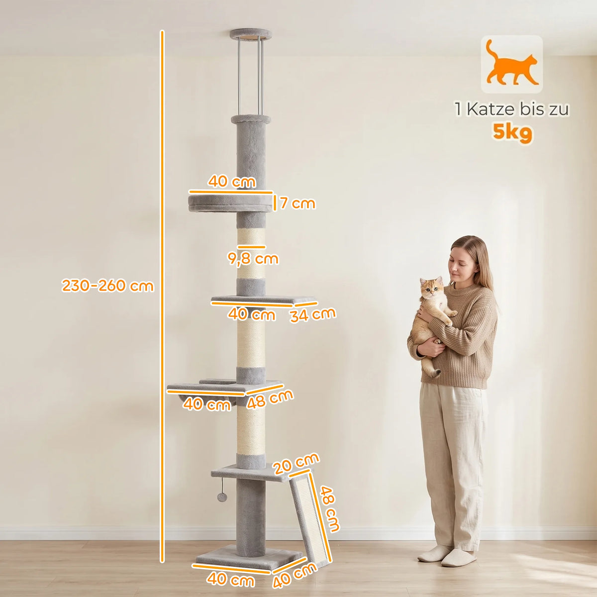 Draskyklė katėms, 5 aukštų, reguliuojamo 230–260 cm aukščio, su 3 sisalio stulpais