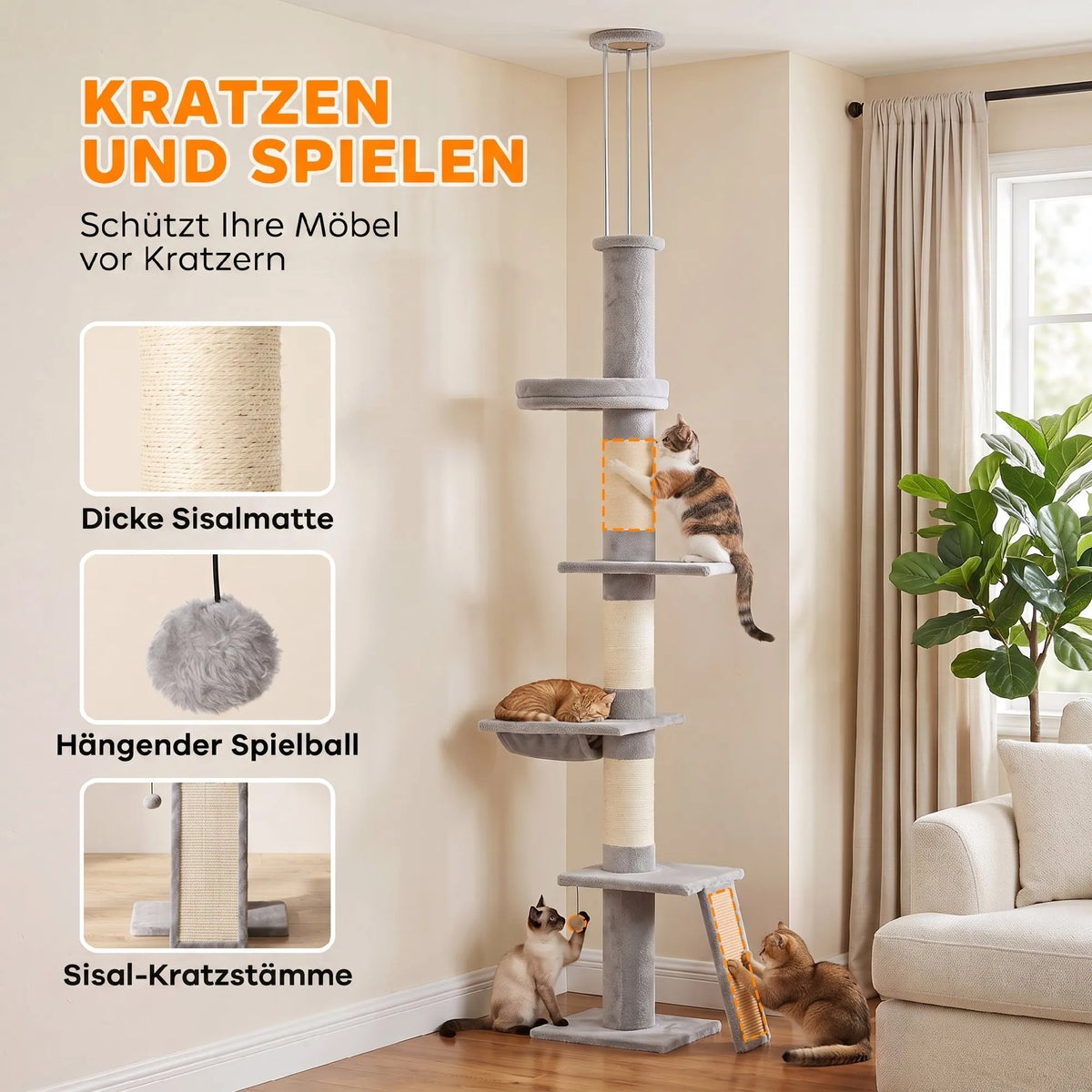 Draskyklė katėms, 5 aukštų, reguliuojamo 230–260 cm aukščio, su 3 sisalio stulpais