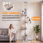 Draskyklė katėms, 5 aukštų, reguliuojamo 230–260 cm aukščio, su 3 sisalio stulpais