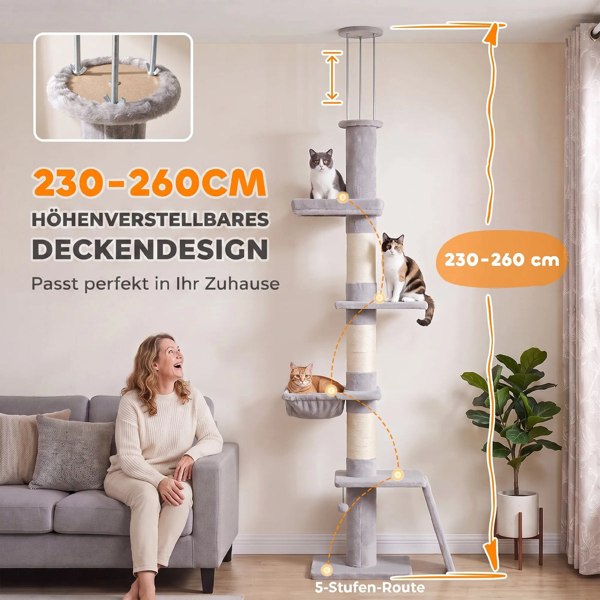 Draskyklė katėms, 5 aukštų, reguliuojamo 230–260 cm aukščio, su 3 sisalio stulpais