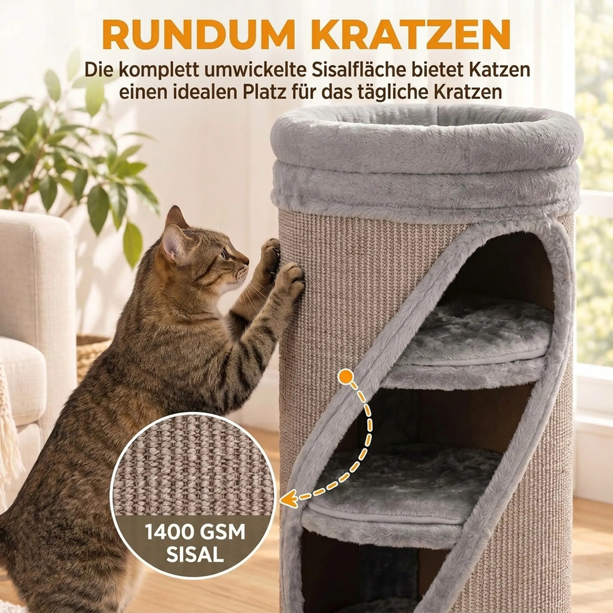 Katinas drasko sizalinį draskyklės paviršių, šalia – audinio detalė