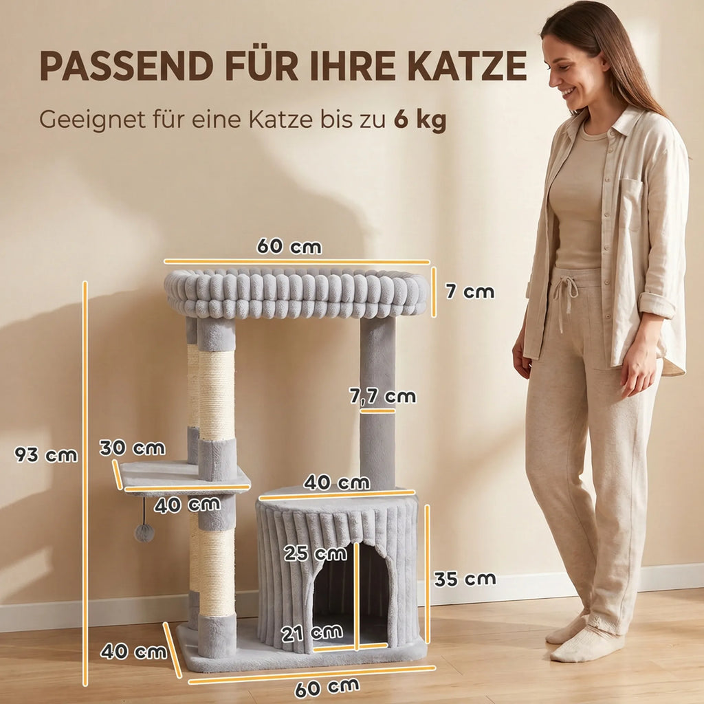 Draskyklė katėms, 93 cm, 3 pakopų, su sizalio draskymo stulpais, iki 6 kg