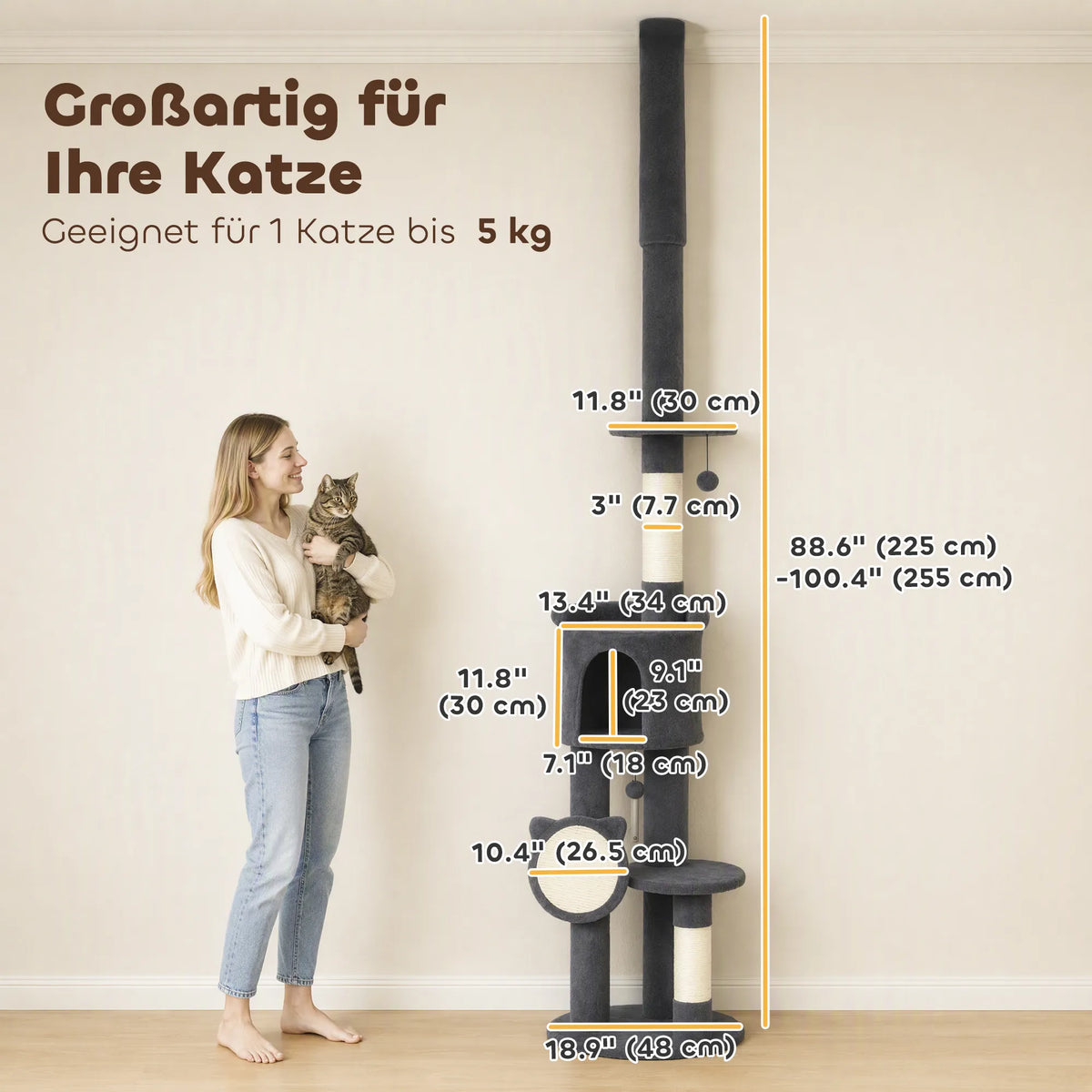 Draskyklė katėms iki lubų, reguliuojamo 225–255 cm aukščio, 5 aukštų