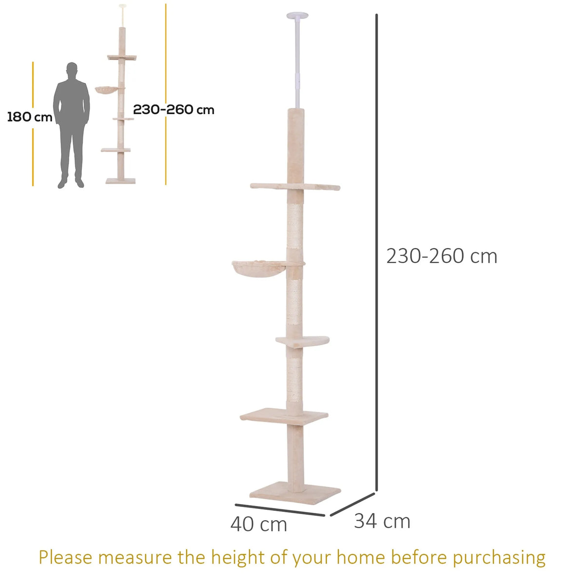 Draskyklė katėms iki lubų, reguliuojamo aukščio, 230–260 cm, smėlio spalvos