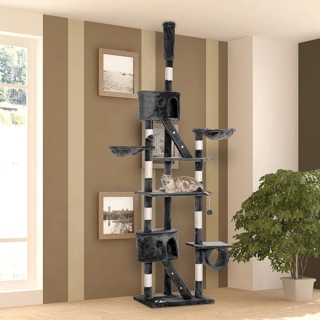 Draskyklė katėms nuo grindų iki lubų, 240–260 cm, su hamaku ir nameliu, tamsiai pilka