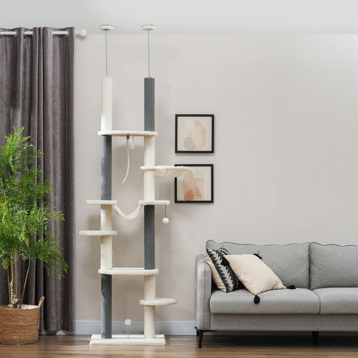 Draskyklė katėms, reguliuojama 225–255 cm, su hamakais, nuo apvirtimo, balta